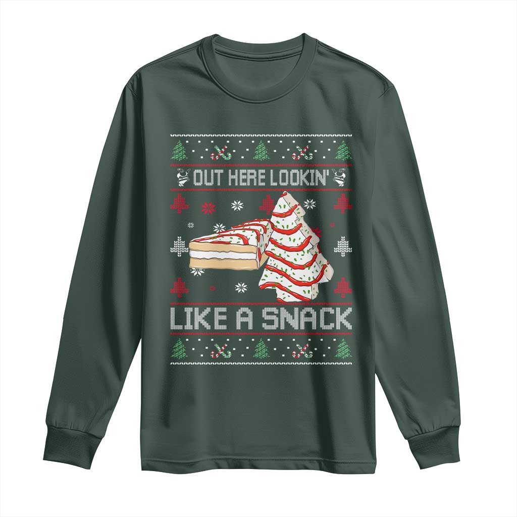 Debbies Christmas Tree Cake Long Sleeve Shirt Out Here Lookin Like A Snack TS10 Dark Forest Green Print Your Wear