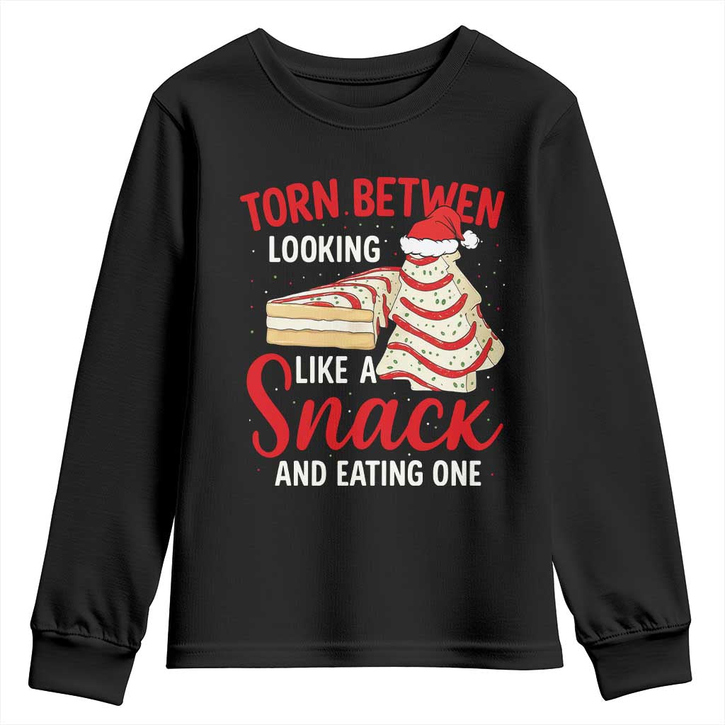 Torn Between Looking Like A Snack Or Eating One Christmas Youth Sweatshirt Debbies Tree Cake TS10 Black Print Your Wear