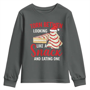 Torn Between Looking Like A Snack Or Eating One Christmas Youth Sweatshirt Debbies Tree Cake TS10 Dark Heather Print Your Wear
