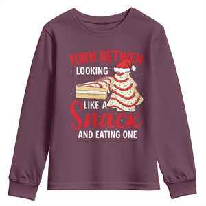 Torn Between Looking Like A Snack Or Eating One Christmas Youth Sweatshirt Debbies Tree Cake TS10 Maroon Print Your Wear