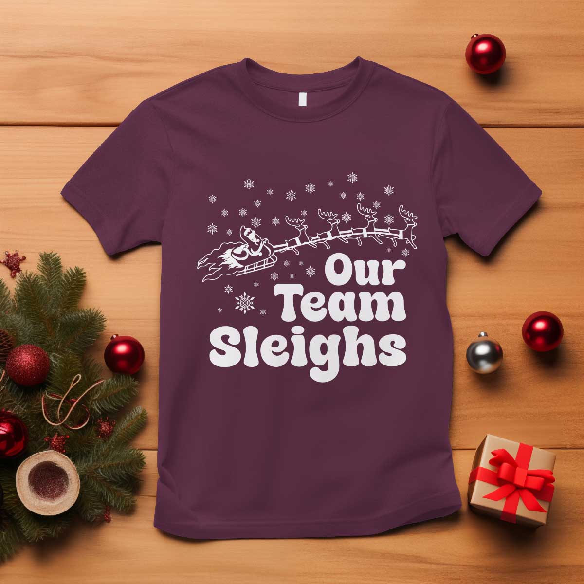 Our Team Sleighs Christmas Matching Group T Shirt Office Team TS10 Maroon Print Your Wear