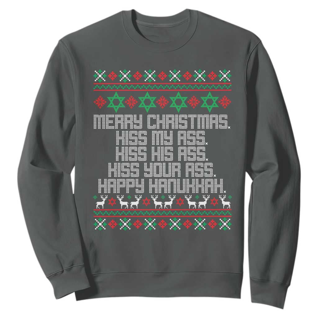 Merry Christmas Kiss My Ass Happy Hanukkah Sweatshirt TS10 Dark Heather Print Your Wear
