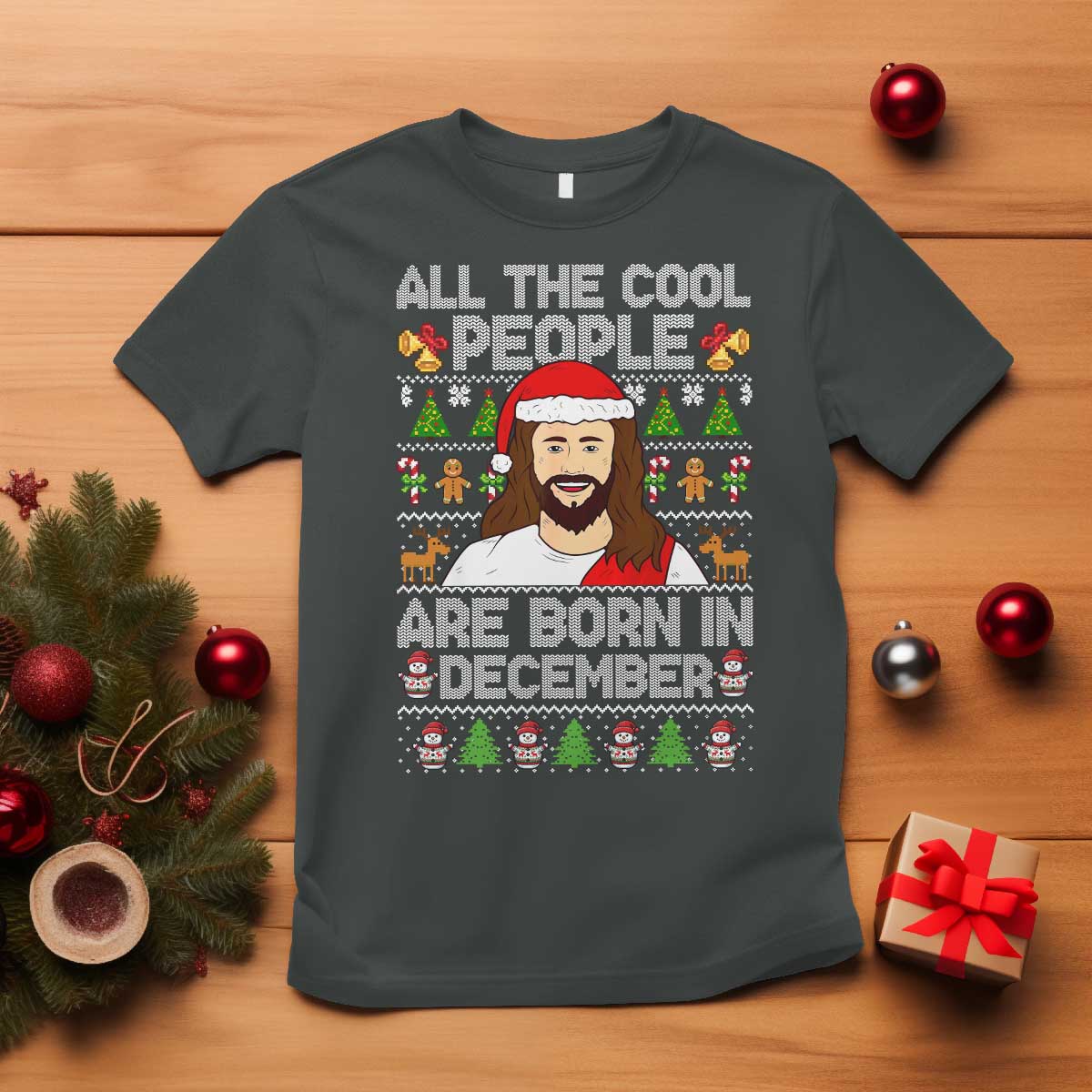 Funny Jesus Christmas December Birthday T Shirt Ugly Xmas TS10 Dark Heather Print Your Wear