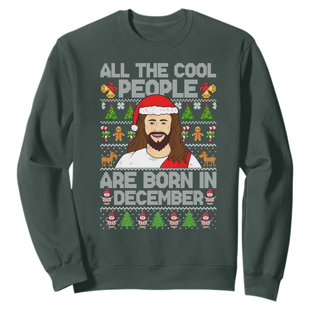 Funny Jesus Christmas December Birthday Sweatshirt Ugly Xmas TS10 Dark Forest Green Print Your Wear