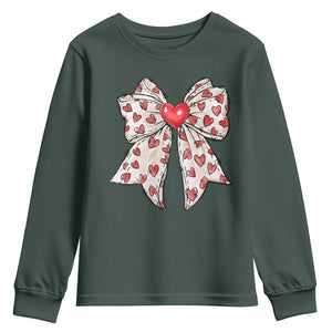 Coquette Valentine's Day Youth Sweatshirt Heart Bow TS10 Dark Forest Green Print Your Wear