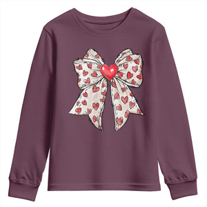 Coquette Valentine's Day Youth Sweatshirt Heart Bow TS10 Maroon Print Your Wear