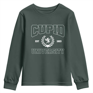 Cupid University Youth Sweatshirt Cute Valentine's Day Funny College TS10 Dark Forest Green Print Your Wear