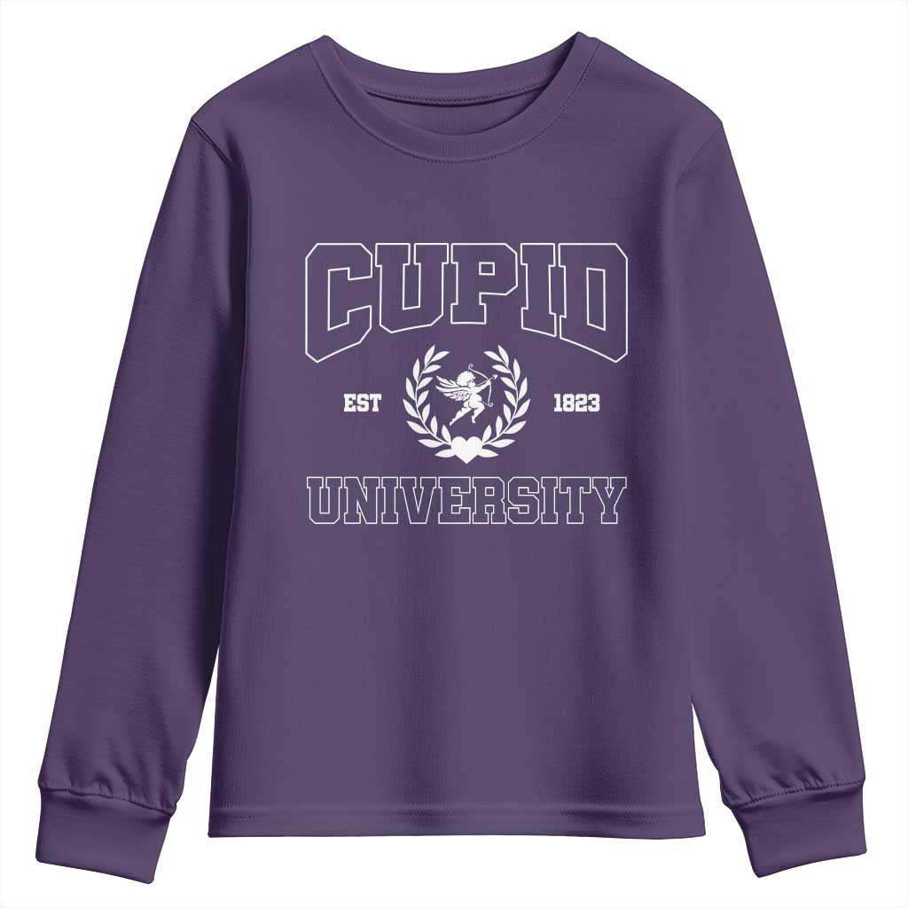 Cupid University Youth Sweatshirt Cute Valentine's Day Funny College TS10 Purple Print Your Wear
