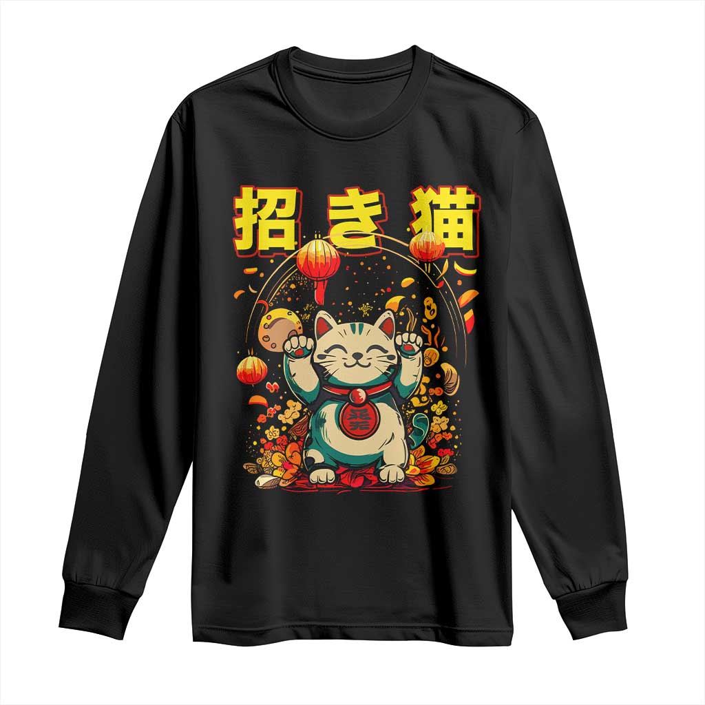 Maneki Neko Long Sleeve Shirt Kawaii Japanese Lucky Cat Waving TS10 Black Print Your Wear