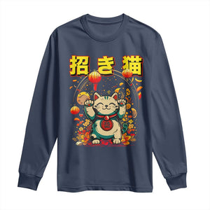 Maneki Neko Long Sleeve Shirt Kawaii Japanese Lucky Cat Waving TS10 Navy Print Your Wear