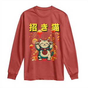 Maneki Neko Long Sleeve Shirt Kawaii Japanese Lucky Cat Waving TS10 Red Print Your Wear