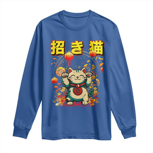 Maneki Neko Long Sleeve Shirt Kawaii Japanese Lucky Cat Waving TS10 Royal Blue Print Your Wear