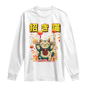 Maneki Neko Long Sleeve Shirt Kawaii Japanese Lucky Cat Waving TS10 White Print Your Wear