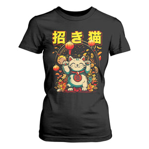 Maneki Neko T Shirt For Women Kawaii Japanese Lucky Cat Waving TS10 Black Print Your Wear