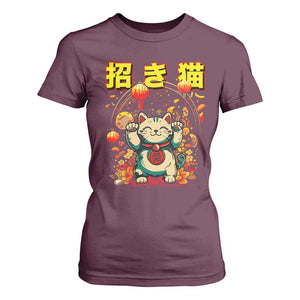 Maneki Neko T Shirt For Women Kawaii Japanese Lucky Cat Waving TS10 Maroon Print Your Wear