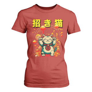 Maneki Neko T Shirt For Women Kawaii Japanese Lucky Cat Waving TS10 Red Print Your Wear