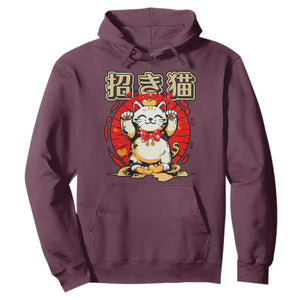 Maneki Neko Hoodie Kawaii Japanese Lucky Cat TS10 Maroon Print Your Wear