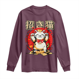 Maneki Neko Long Sleeve Shirt Kawaii Japanese Lucky Cat TS10 Maroon Print Your Wear