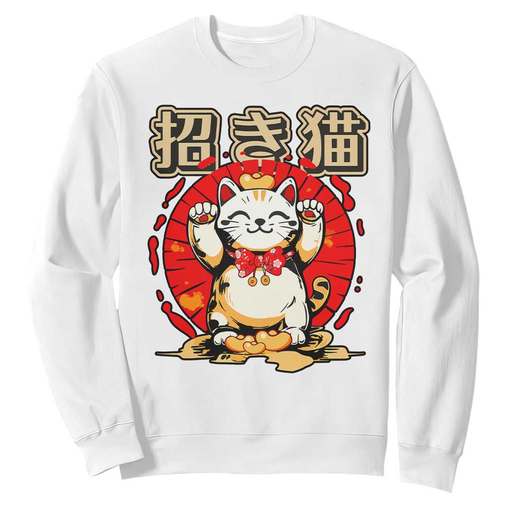 Maneki Neko Sweatshirt Kawaii Japanese Lucky Cat TS10 White Print Your Wear