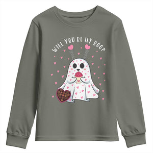 Valentines Ghost Youth Sweatshirt Will You Be My Boo Cute Funny TS10 Military Green Print Your Wear