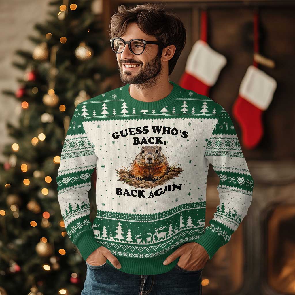 Groundhog Day Ugly Christmas Sweater Funny Woodchuck Guess Whos Back TS10 Beige Green Print Your Wear