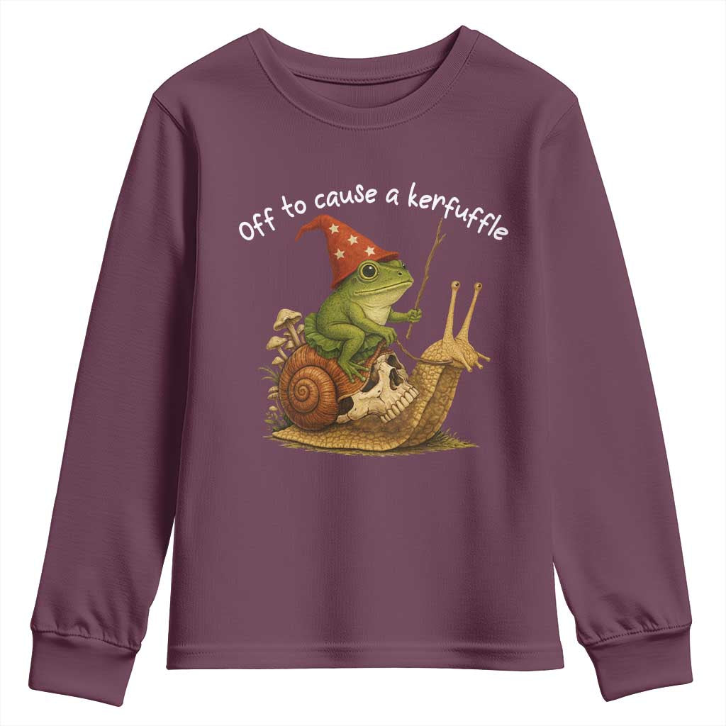 Whimsical Frog Wizard Meme Youth Sweatshirt Off to Cause A Kerfuffle TS10 Maroon Print Your Wear