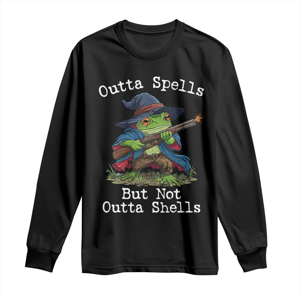 Wizard Frog Meme Long Sleeve Shirt Outta Spells But Not Outta Shells TS10 Black Print Your Wear