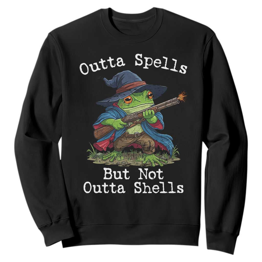 Wizard Frog Meme Sweatshirt Outta Spells But Not Outta Shells TS10 Black Print Your Wear