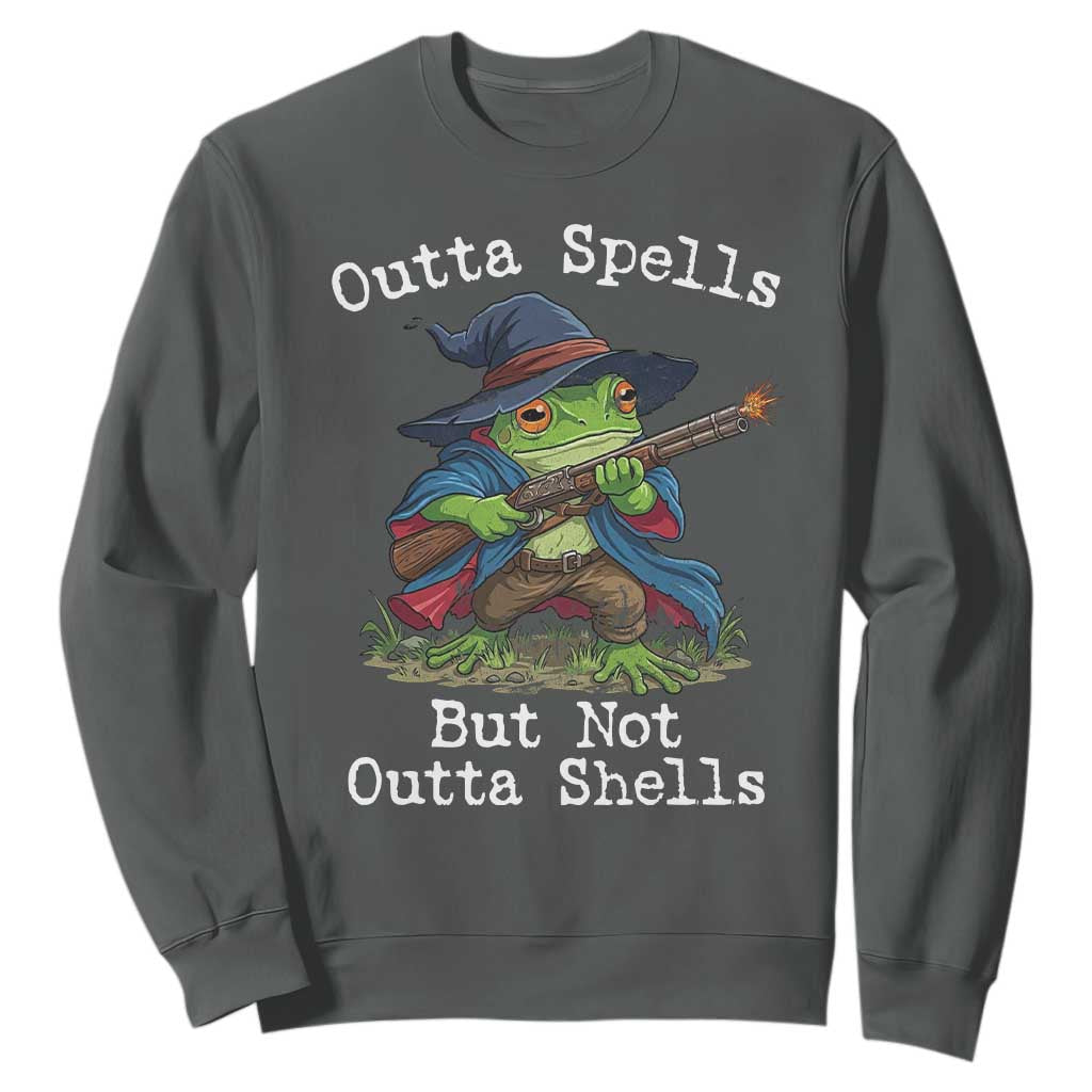 Wizard Frog Meme Sweatshirt Outta Spells But Not Outta Shells TS10 Dark Heather Print Your Wear