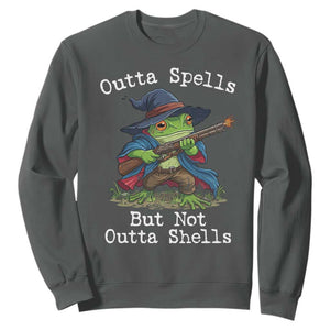 Wizard Frog Meme Sweatshirt Outta Spells But Not Outta Shells TS10 Dark Heather Print Your Wear