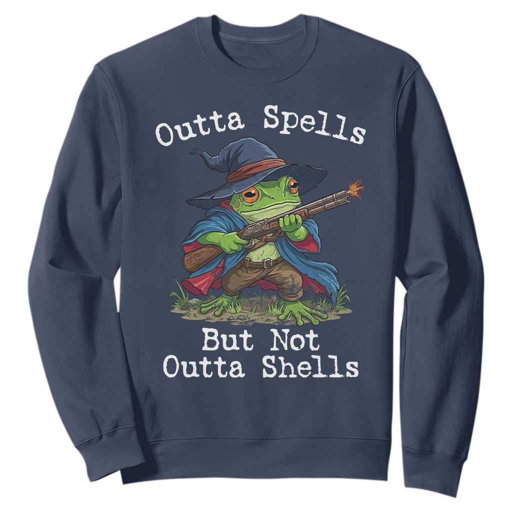 Wizard Frog Meme Sweatshirt Outta Spells But Not Outta Shells TS10 Navy Print Your Wear