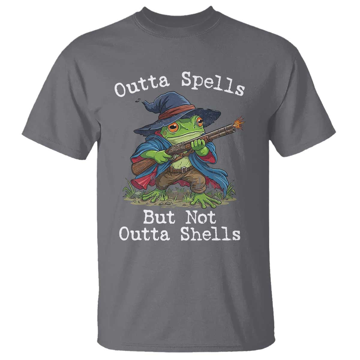 Wizard Frog Meme T Shirt Outta Spells But Not Outta Shells TS10 Charcoal Print Your Wear