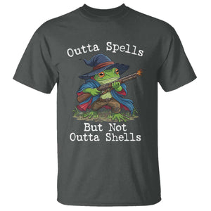 Wizard Frog Meme T Shirt Outta Spells But Not Outta Shells TS10 Dark Heather Print Your Wear