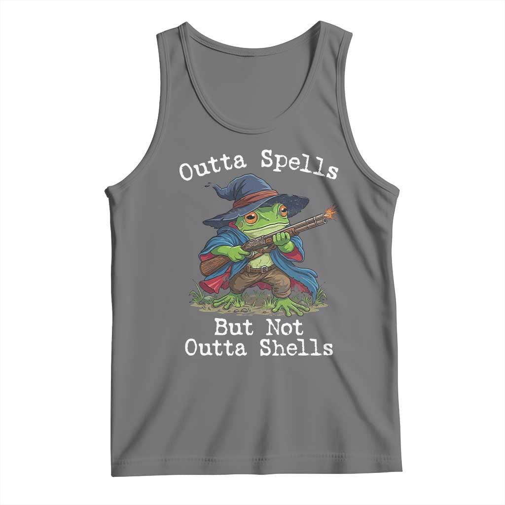 Wizard Frog Meme Tank Top Outta Spells But Not Outta Shells TS10 Black Heather Print Your Wear