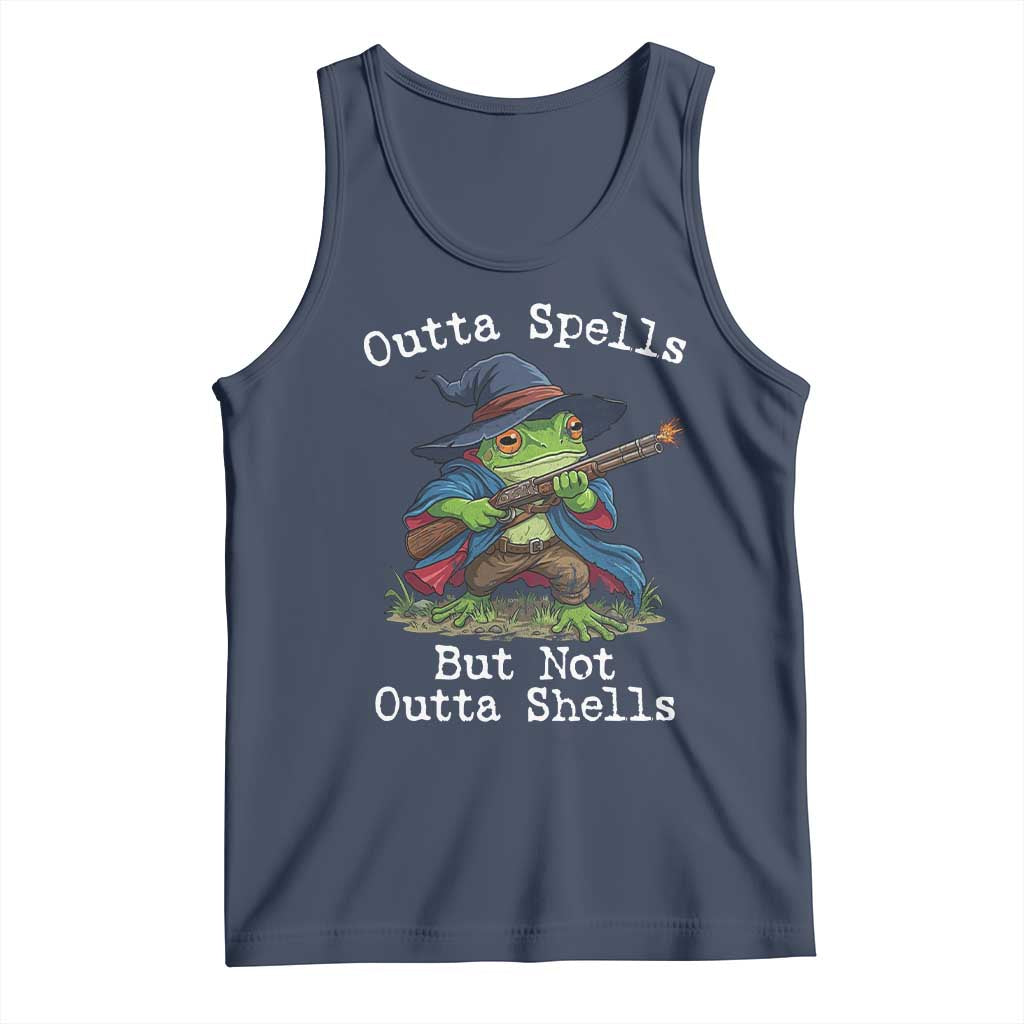 Wizard Frog Meme Tank Top Outta Spells But Not Outta Shells TS10 Navy Print Your Wear