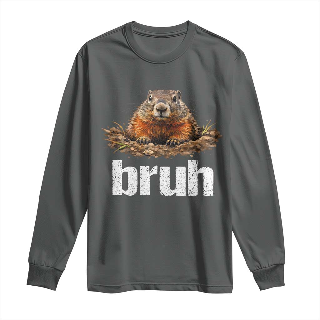 Funny Groundhog Long Sleeve Shirt Ground Hog Meme Lover Bruh Groundhog Day TS10 Dark Heather Print Your Wear