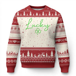 Lucky Irish Shamrock Ugly Christmas Sweater St Patricks Day Letter Print Lightweight TS10 Beige Red Print Your Wear
