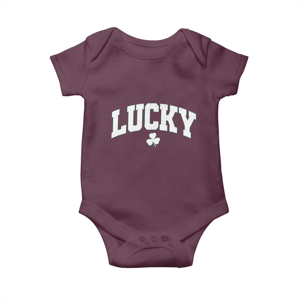 Retro Lucky Baby Onesie St Patricks Day Irish Shamrock Varsity TS10 Maroon Print Your Wear