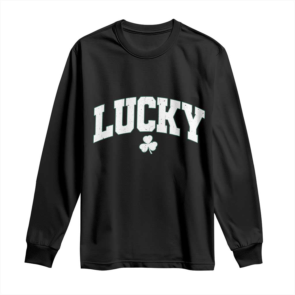 Retro Lucky Long Sleeve Shirt St Patricks Day Irish Shamrock Varsity TS10 Black Print Your Wear