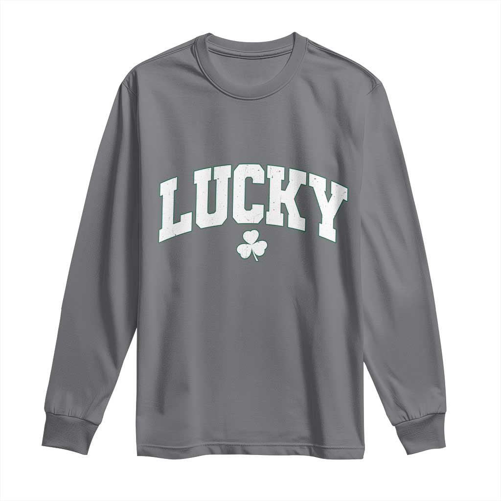 Retro Lucky Long Sleeve Shirt St Patricks Day Irish Shamrock Varsity TS10 Charcoal Print Your Wear