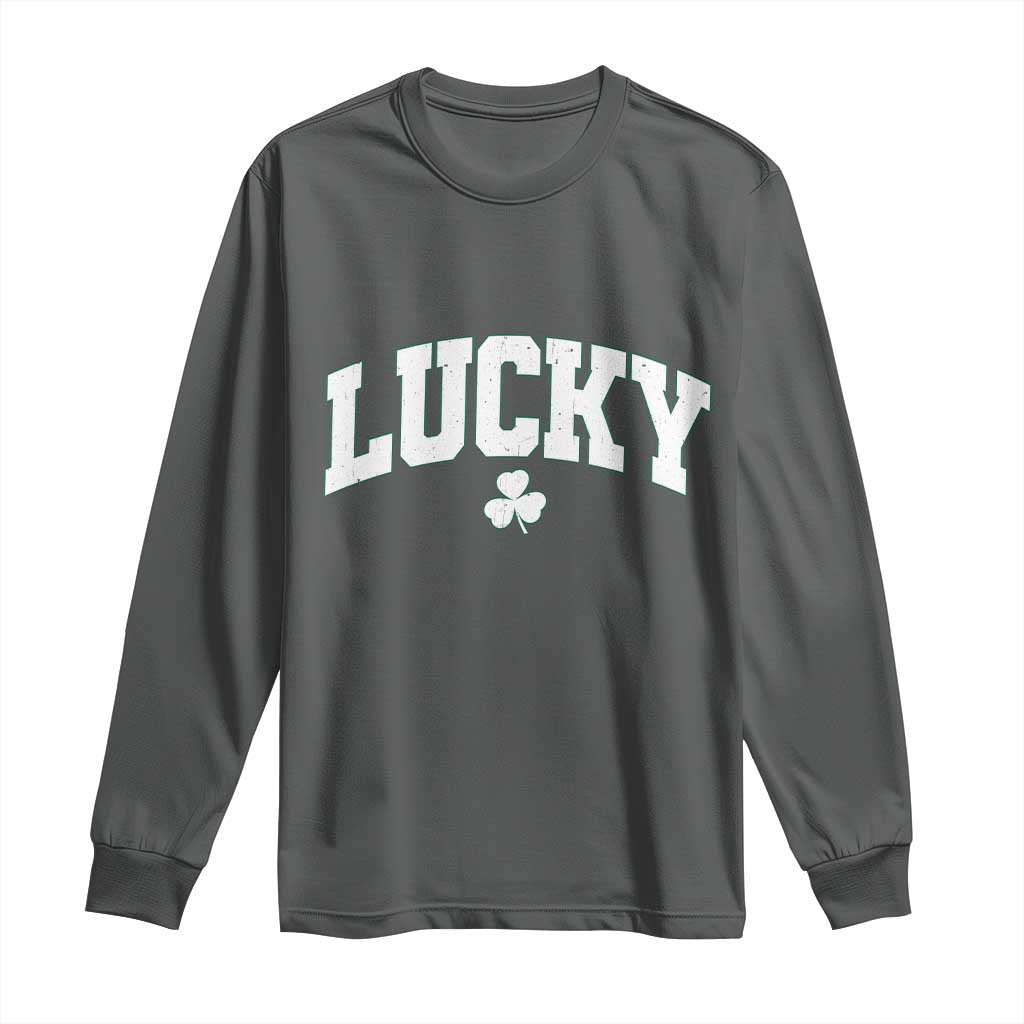 Retro Lucky Long Sleeve Shirt St Patricks Day Irish Shamrock Varsity TS10 Dark Heather Print Your Wear
