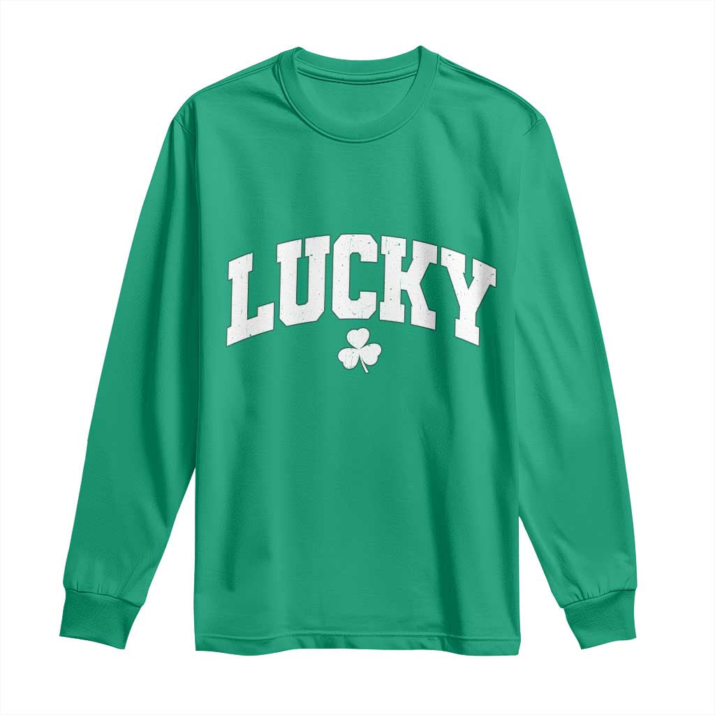 Retro Lucky Long Sleeve Shirt St Patricks Day Irish Shamrock Varsity TS10 Irish Green Print Your Wear