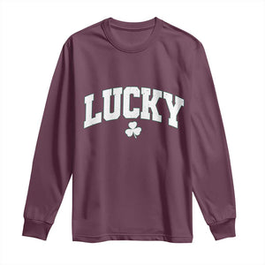 Retro Lucky Long Sleeve Shirt St Patricks Day Irish Shamrock Varsity TS10 Maroon Print Your Wear