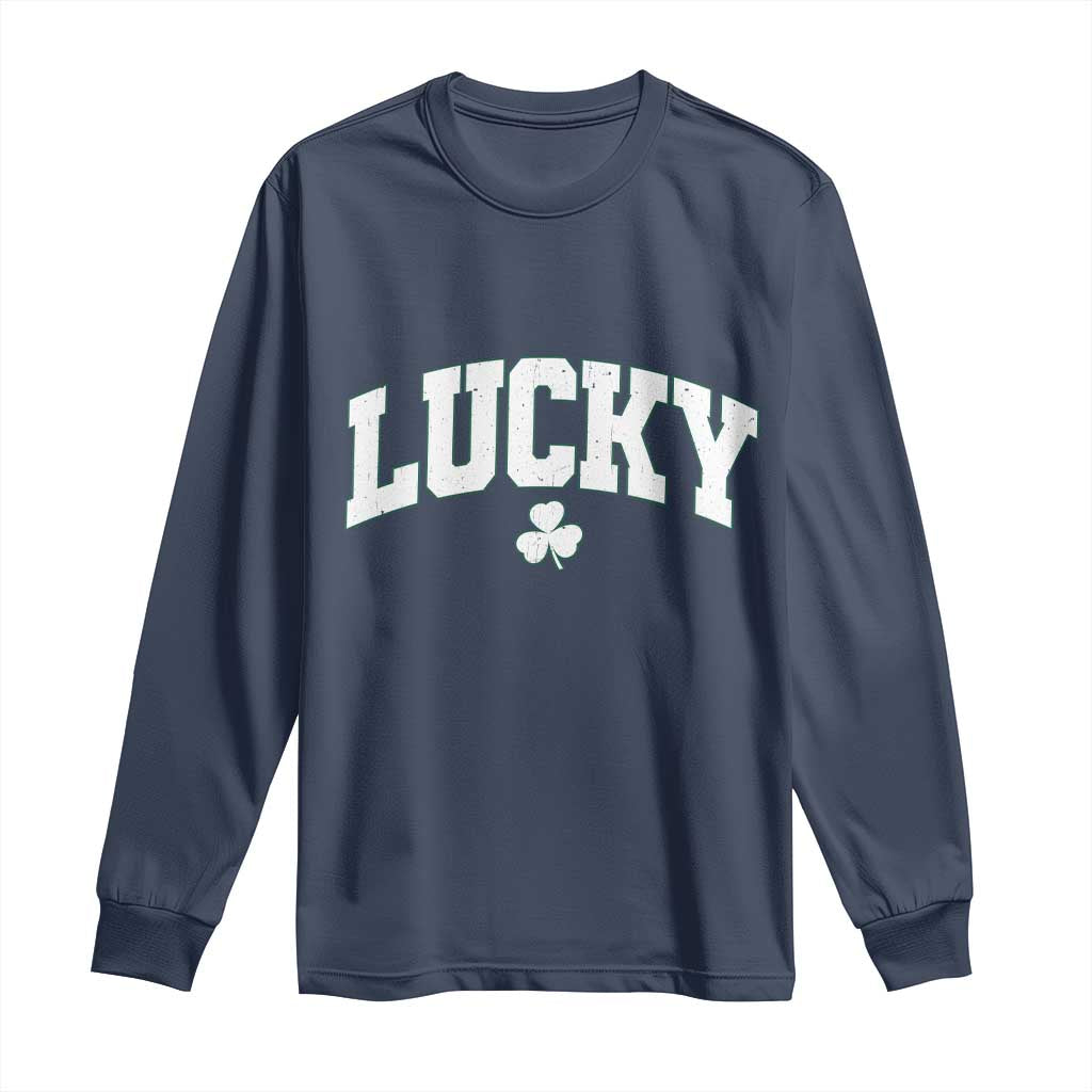Retro Lucky Long Sleeve Shirt St Patricks Day Irish Shamrock Varsity TS10 Navy Print Your Wear