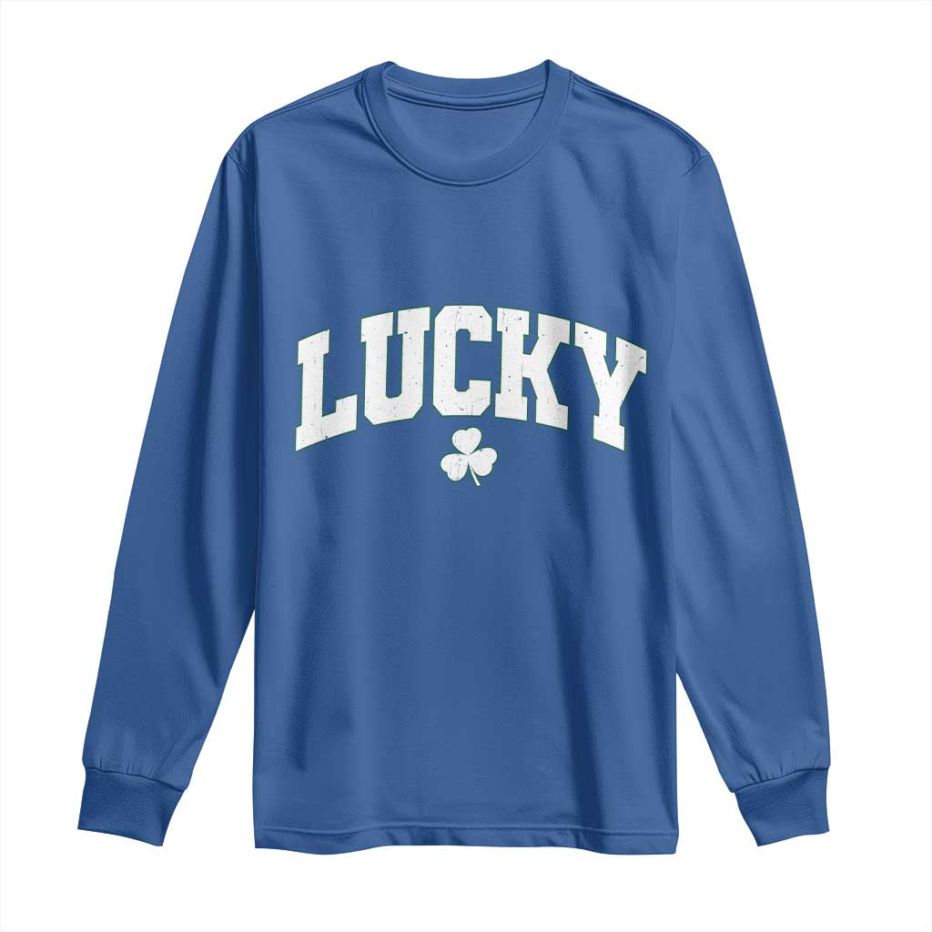 Retro Lucky Long Sleeve Shirt St Patricks Day Irish Shamrock Varsity TS10 Royal Blue Print Your Wear