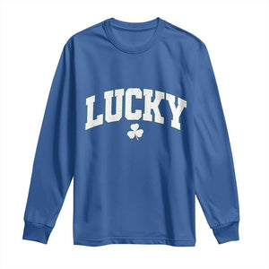 Retro Lucky Long Sleeve Shirt St Patricks Day Irish Shamrock Varsity TS10 Royal Blue Print Your Wear