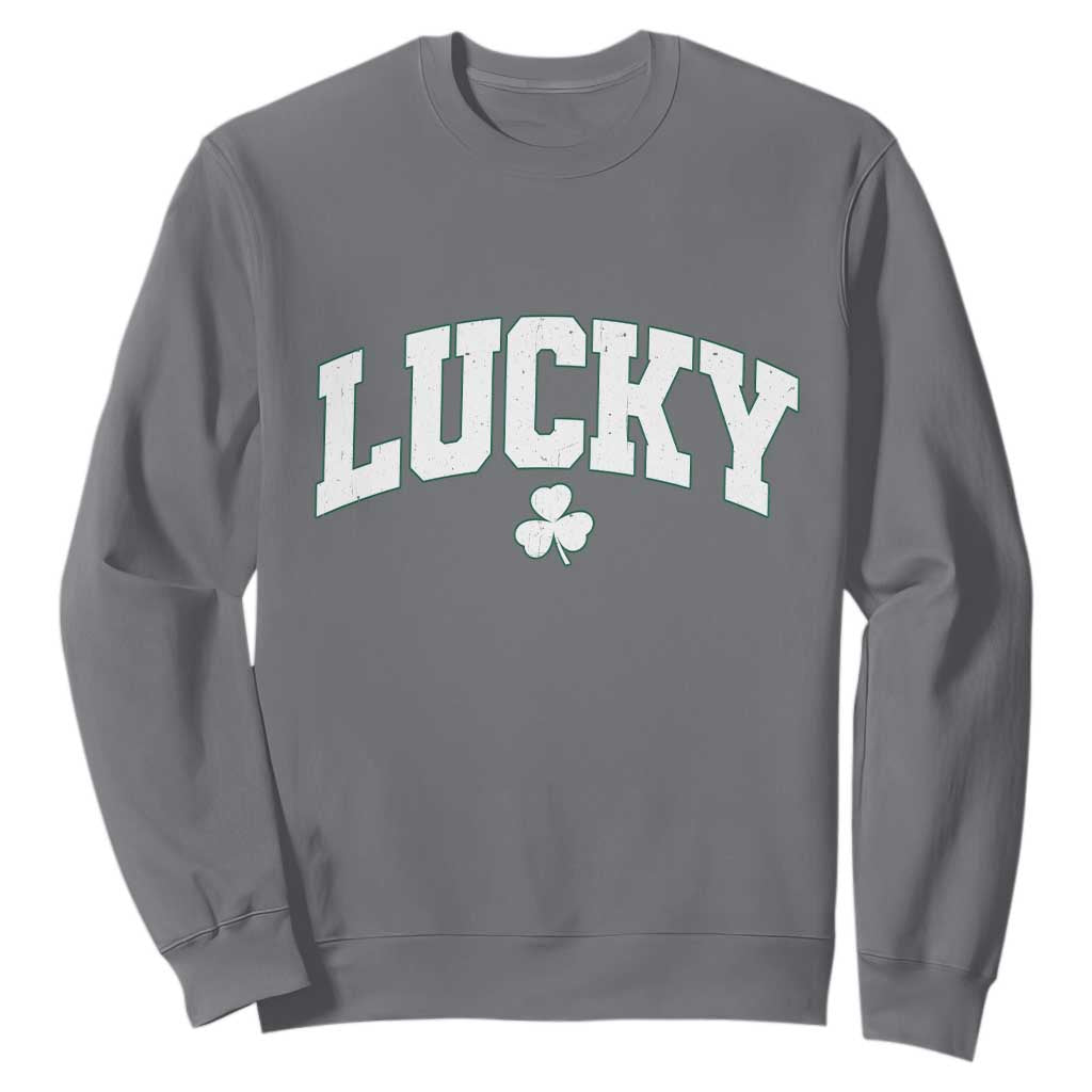 Retro Lucky Sweatshirt St Patricks Day Irish Shamrock Varsity TS10 Charcoal Print Your Wear