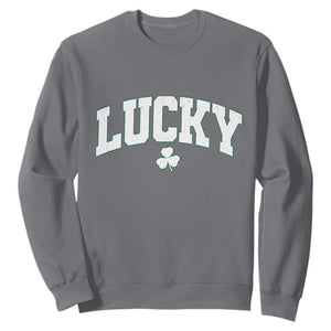 Retro Lucky Sweatshirt St Patricks Day Irish Shamrock Varsity TS10 Charcoal Print Your Wear