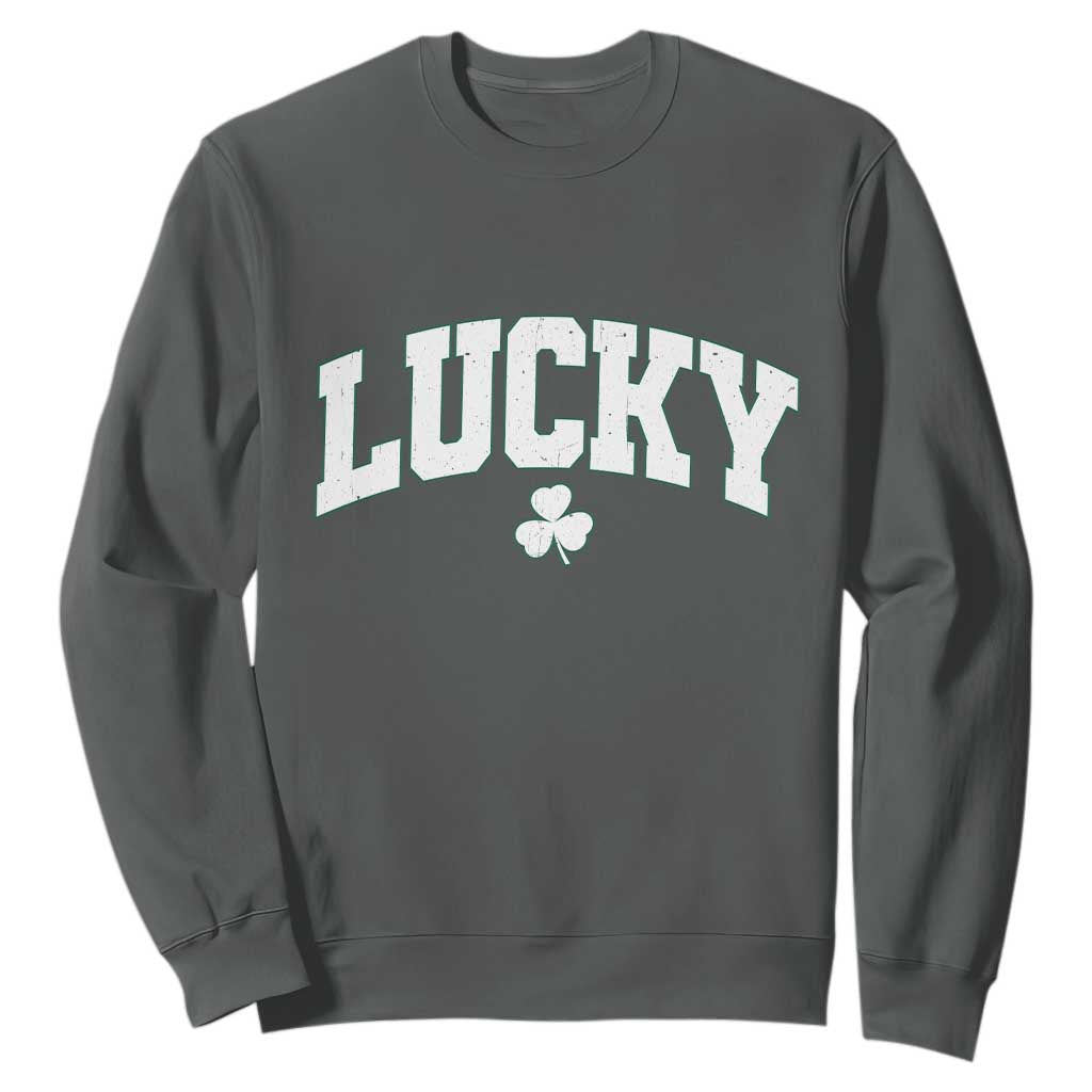 Retro Lucky Sweatshirt St Patricks Day Irish Shamrock Varsity TS10 Dark Heather Print Your Wear