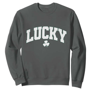 Retro Lucky Sweatshirt St Patricks Day Irish Shamrock Varsity TS10 Dark Heather Print Your Wear